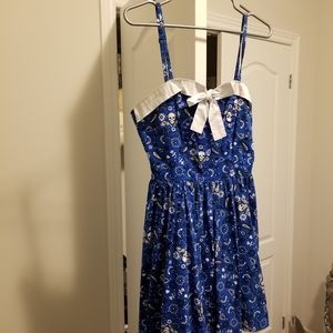 Hell Bunny Blue Spaghetti Strap Dress - Skulls, Flowers, and Bow Detailing